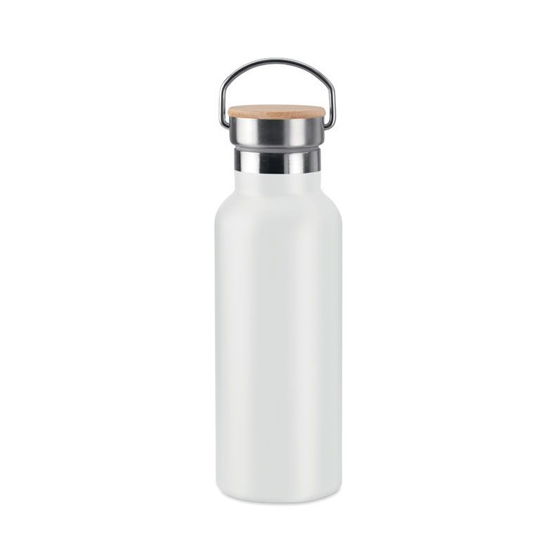 Gourde acier inoxydable avec bouchon bambou personnalisation France - BLANC